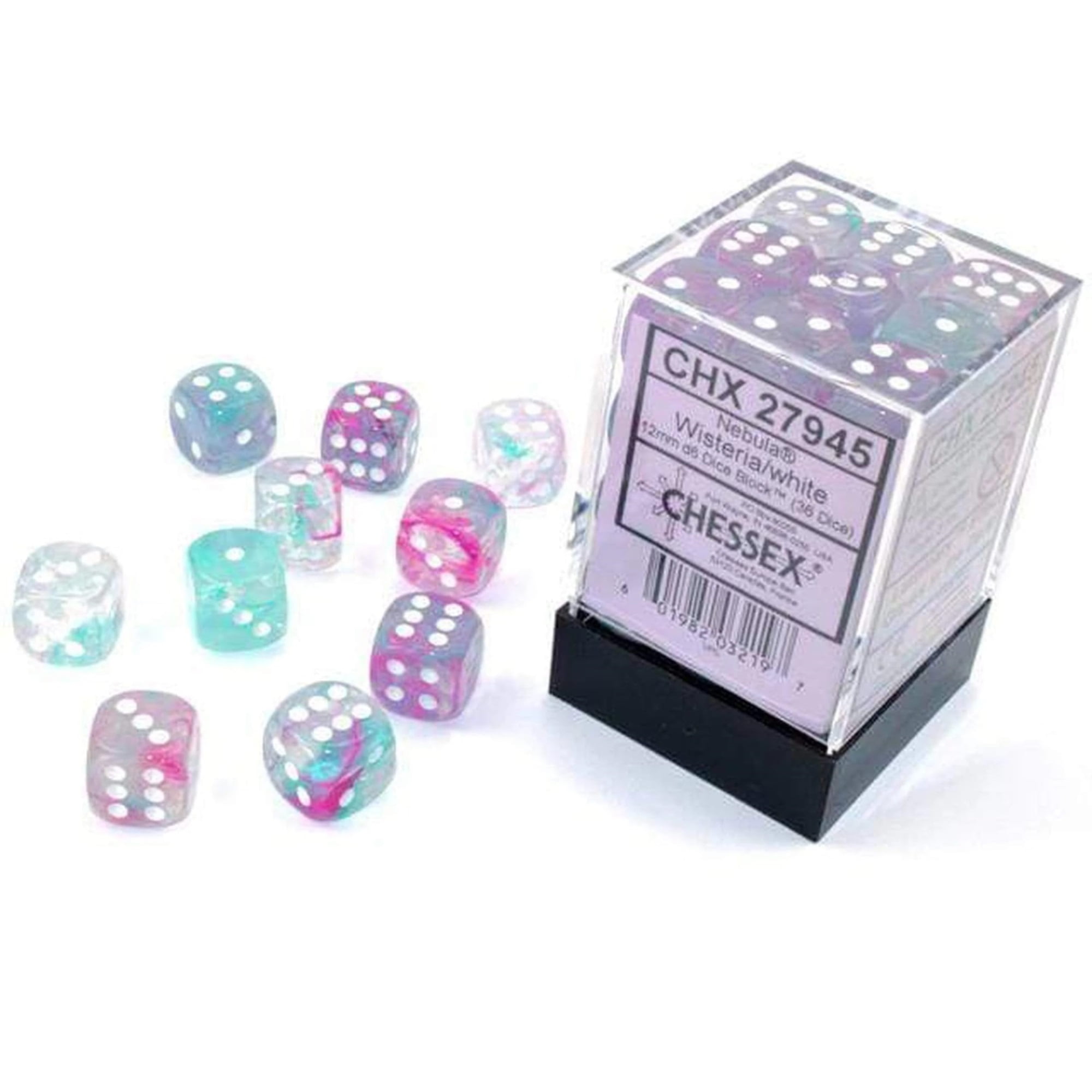 Chessex Nebula 12mm d6 Wisteria/White w/Luminary Dice Block (36 dice)