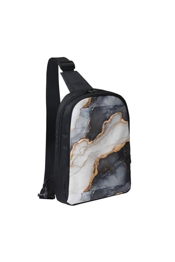 Chest Bag Dual Pocket 11.87.72.4in Waterproof Double-Pocket Large Capacity With No Inner Pouch Pockets And Double Drawstrings Black White Gold Marble