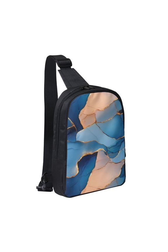 Chest Bag Dual Pocket 11.87.72.4in Waterproof Double-Pocket Large Capacity With No Inner Pouch Pockets And Double Drawstrings Blue And Beige Gold Marble