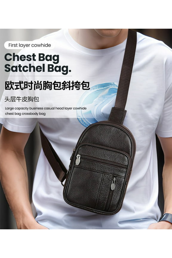 Chest Bag Men's Shoulder Crossbody Bag Genuine Leather Multifunctional Messenger Bag for Male Large Capacity Outdoor Sports Travel Casual Sling Bag Briefcase Fashion Small Handbags