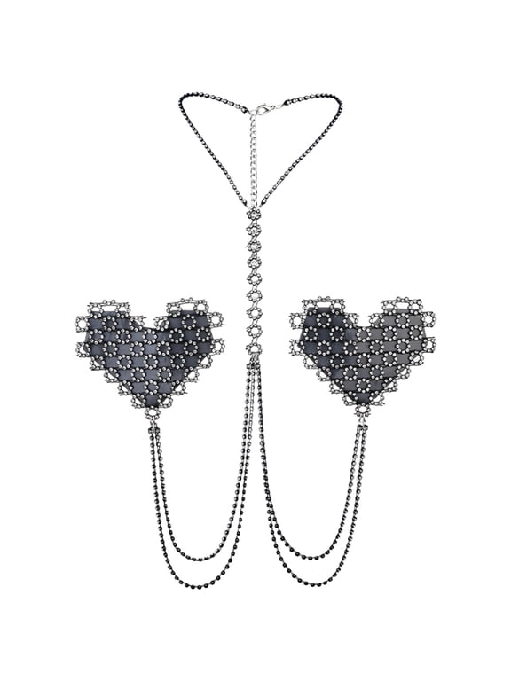Chest Chain Rhinestone Pasties, Heart Rave Bra Jewelry, Silver Body Chain for Women, Sexy Festival Accessory