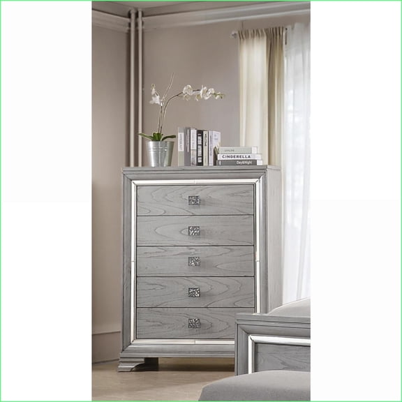 Chest, Contemporary Glam 5-Drawer Storage with Mirrored Accents | Light Gray | Solid Wood