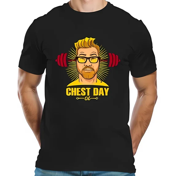 Chest Day Blond Man Lifting Barbells Fitness Gym Humor Graphic Unisex T-Shirt, up to size 5XL