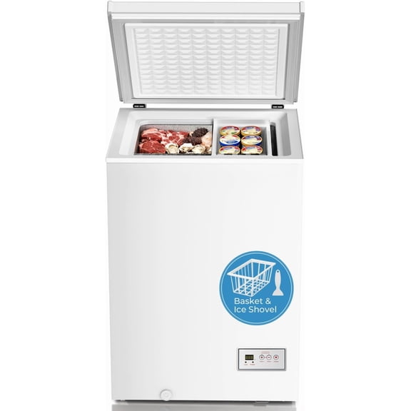 Chest Freezer 3.2 Cubic Feet 14℉to -40℉ Low Temperature Deep Freezer with Removable Basket,Free Standing Top Open Door Small Freezer,Adjustable Temperature for Home,Basement,Kitchen,White