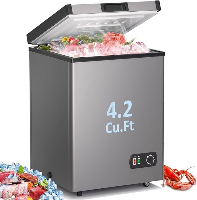Ecotronic 4.2 Cu Ft Chest Freezer, Compact Deep Freezer, 7-Level Temperature Control, Energy Saving, Low Noise, Removable Basket, Grey