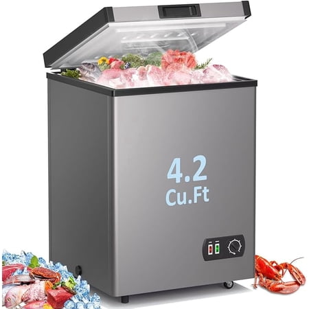 Ecotronic 4.2 Cu Ft Chest Freezer, Compact Deep Freezer, 7-Level Temperature Control, Energy Saving, Low Noise, Removable Basket, Grey