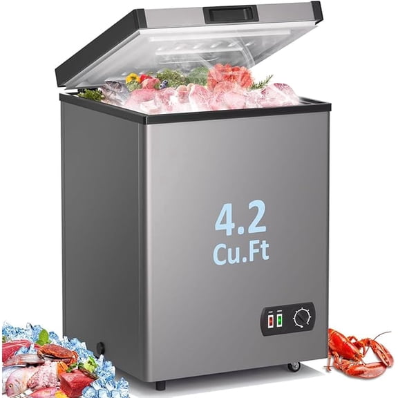 Ecotronic 4.2 Cu Ft Chest Freezer, Compact Deep Freezer, 7-Level Temperature Control, Energy Saving, Low Noise, Removable Basket, Grey