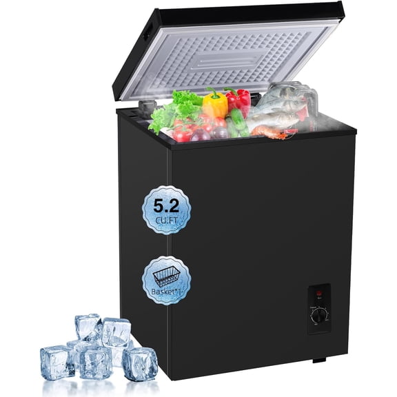 5.2 Cu.Ft Compact Chest Deep Freezer, 6‑Level Adjustable Temp Top‑Open Freezer with Removable Basket & Drain Port, Energy‑Saving Low‑Noise Freezer for Home Apartment Office Garage