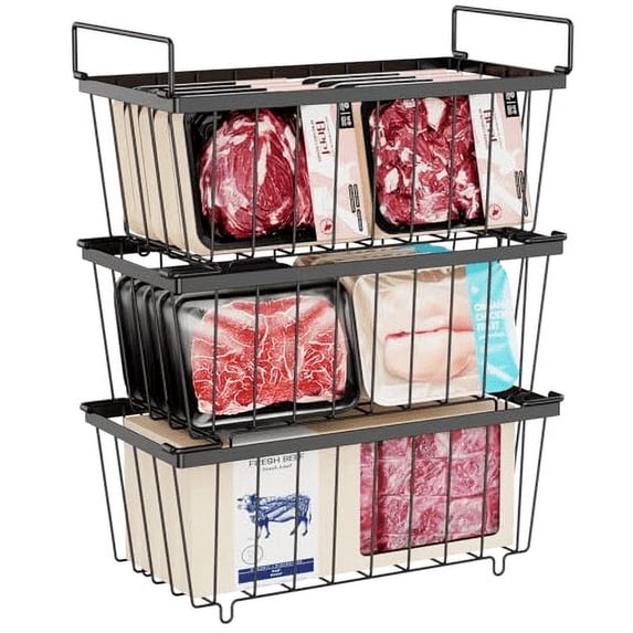 Chest Freezer Basket - 3 Pack Small Stackable Freezer Bins for Most 7 Cu.FT Deep Freezer Sort Frozen Food, Deep Freezer Organizer Bins with Handles Easy to Get Food from Bottom, Black