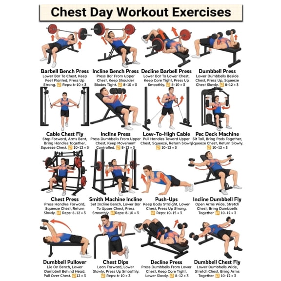 Chest Gym Workout Exercises Chart poster Bigger Upper, Mid, & Lower Chest With Barbell, Dumbbell, Cable, Bench, Push Day, Pectoral Muscle Building poster