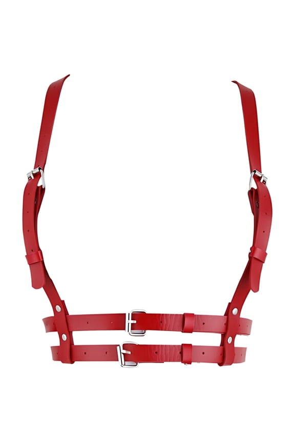 Chest Harness Women Fashion, Red Body Harness Adjustable, Double Layer Faux Leather, Metal Buckle, Lightweight Design