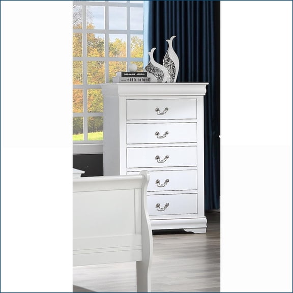 Chest, Louis Philip 5-Drawer Solid Wood with Ample Storage, White | Solid Wood | White