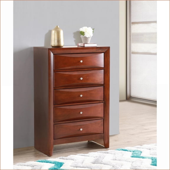 Chest, Marilla Modern with Dovetailed Drawers Fully Assembled 48"H x 32"W x 17"D | Cherry | Particle Board