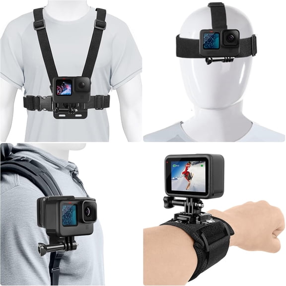 Chest Mount Harness, 4 in 1 Accessories Kit Compatible for Gopro Hero 13/12/11/10/9/8/7/6/5/4/3,Head Strap Mount,360Rotation Wrist Mount,Backpack Clip Holder,Adjustable Action Camera Set
