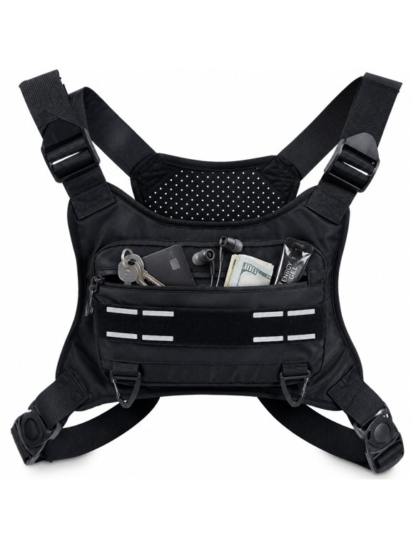 Running Chest Pack for Men Women, Lightweight Chest Bag with Phone Holder, Breathable Reflective Running Vest for Marathon Cycling Hiking, Black