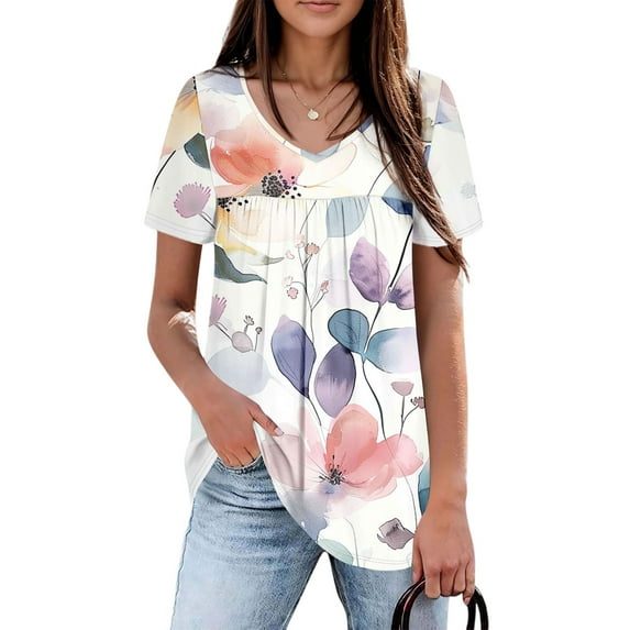 Chest Pleated Summer Blouse Machine Washable, Hawaiian Shirts for Women Tropical Vacation Outfits Tops 2025 Beach Spring Cruise Wear Women's Casual V-Neck Short-Sleeved Top White Xxl