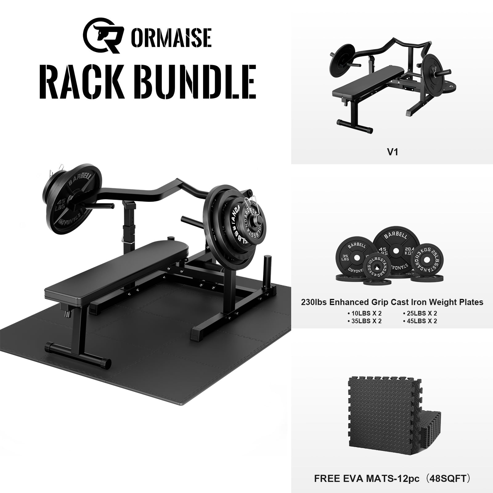 Chest Press Machine, 1250LBS Capacity with Independent Converging Arms, Adjustable Flat Incline Fitness Bench  for Home Gym, Combo with 230LBS weight plates