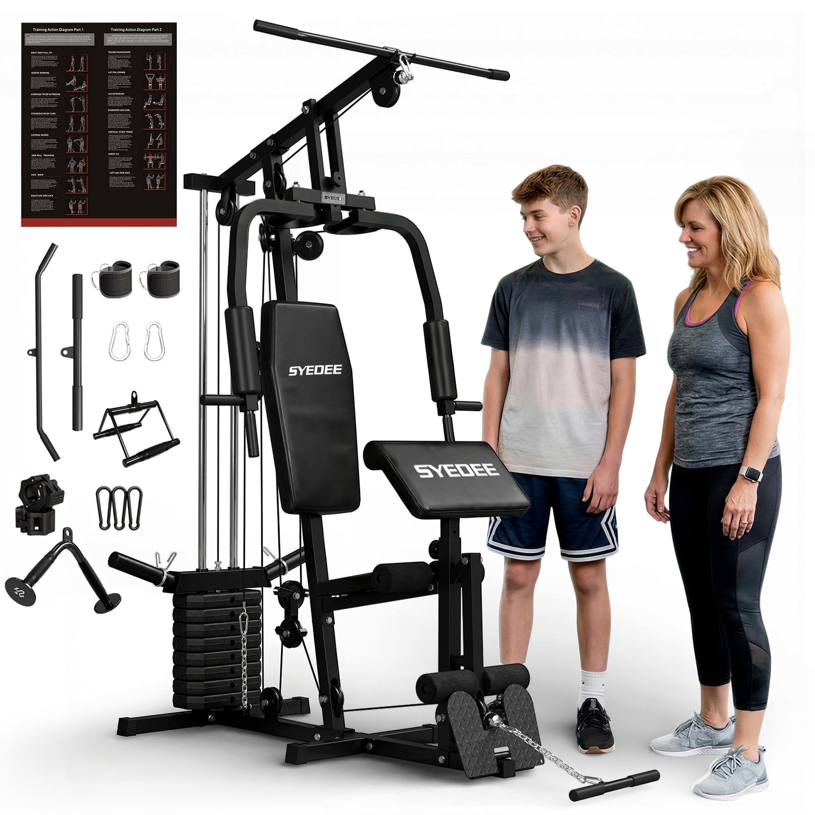 Syedee Multifunctional Home Gym System, Home Gym Station with 105LBS Weight Stack, All in One Workout Machine for Full Body Strength Training