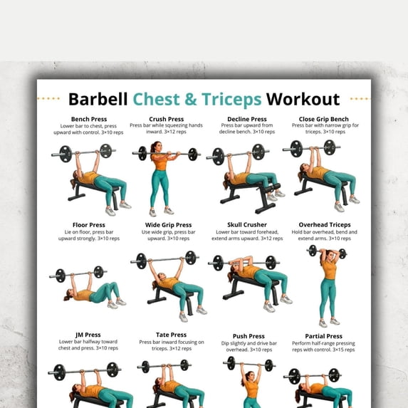 Chest Triceps Barbell Workout Poster Upper Body Gym Exercise Chart Home ...