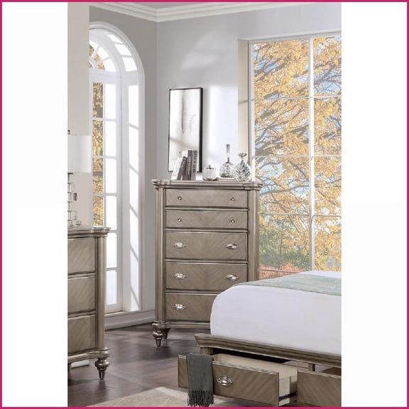 Chest of Drawers with 5 Drawers | 38x19x56 In | Contemporary Luxury | Antique Silver | Solid Wood