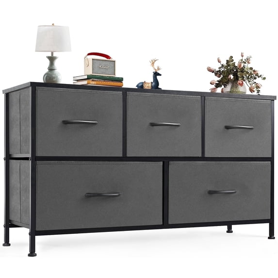 Chest of Drawers with Fabric Bins, Organizer Storage 5, Long Dresser with Wood Top for Bedroom, Closet, Entryway, Gray