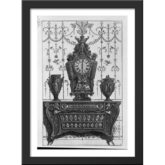 Chest of drawers with patterns of diamonds, on a clock and two decorative vases 28x40 Large Black Wood Framed Print Art by Giovanni Battista Piranesi