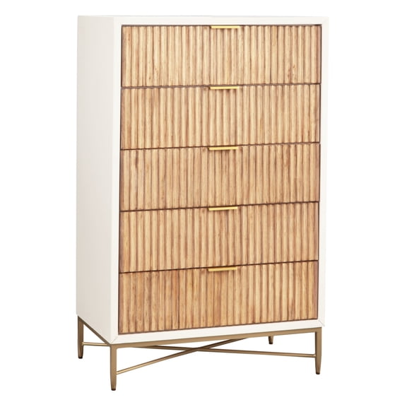 Chest with 5 Corrugated Panel Drawers and Metal Base, White- Saltoro Sherpi
