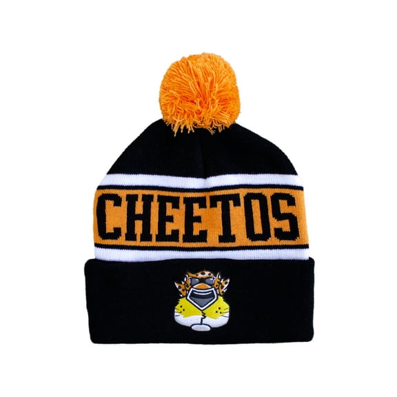 Chester Cheetos Front View Men's Black and Orange Pom Beanie