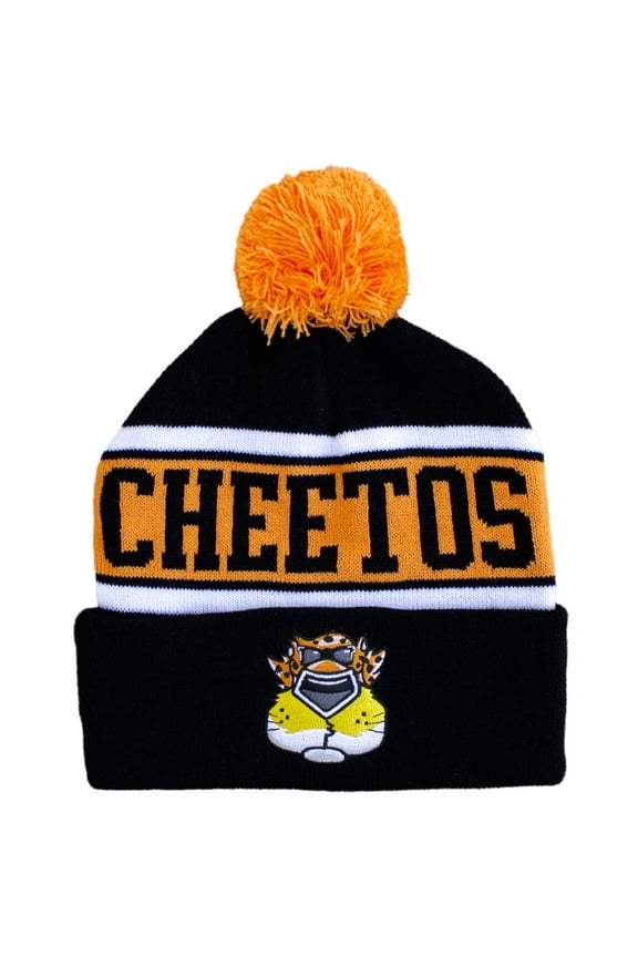 Chester Cheetos Front View Men's Black and Orange Pom Beanie