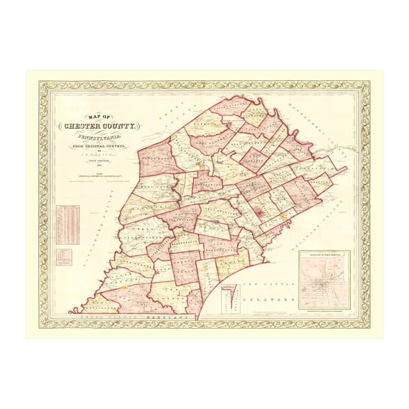 Chester County Pennsylvania Art, 1847 Vintage Map of Chester County PA History Wall Decor Gift, Old Chester County PA Map - 36" x 24" Unframed Print