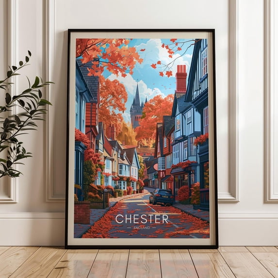 Chester England Travel Print, Illustrated Cityscape Wall Art, Stretched Canvas 12x16in