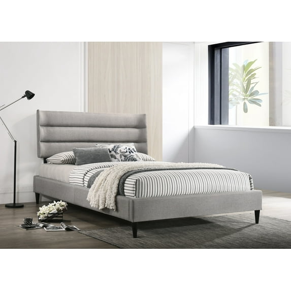 Chester Queen-Size Upholstered Platform Bed in Gray Fabric with Wenge Legs