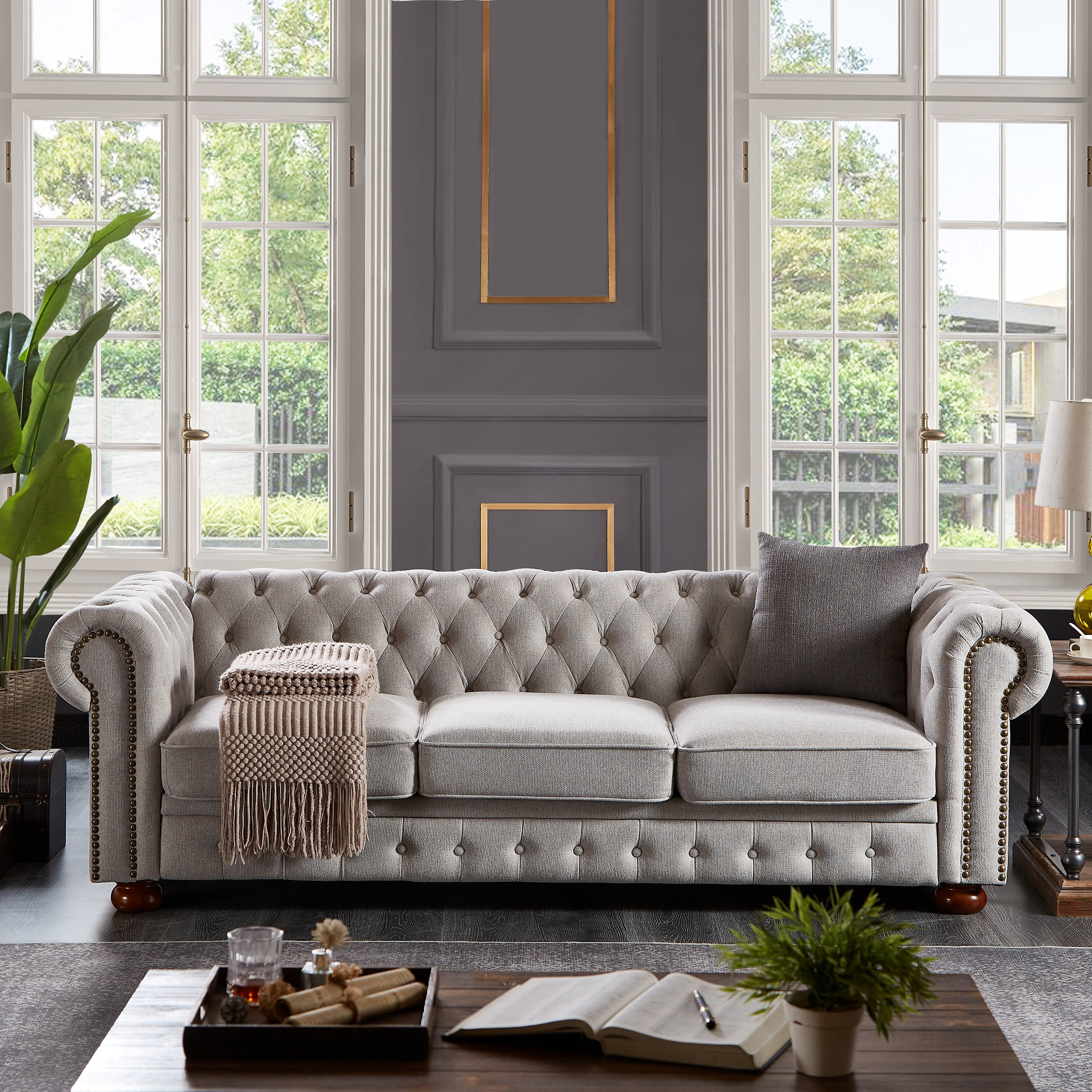 Chesterfield 3 Seater Button Tufted Sofa, Linen Fabric Upholstered ...