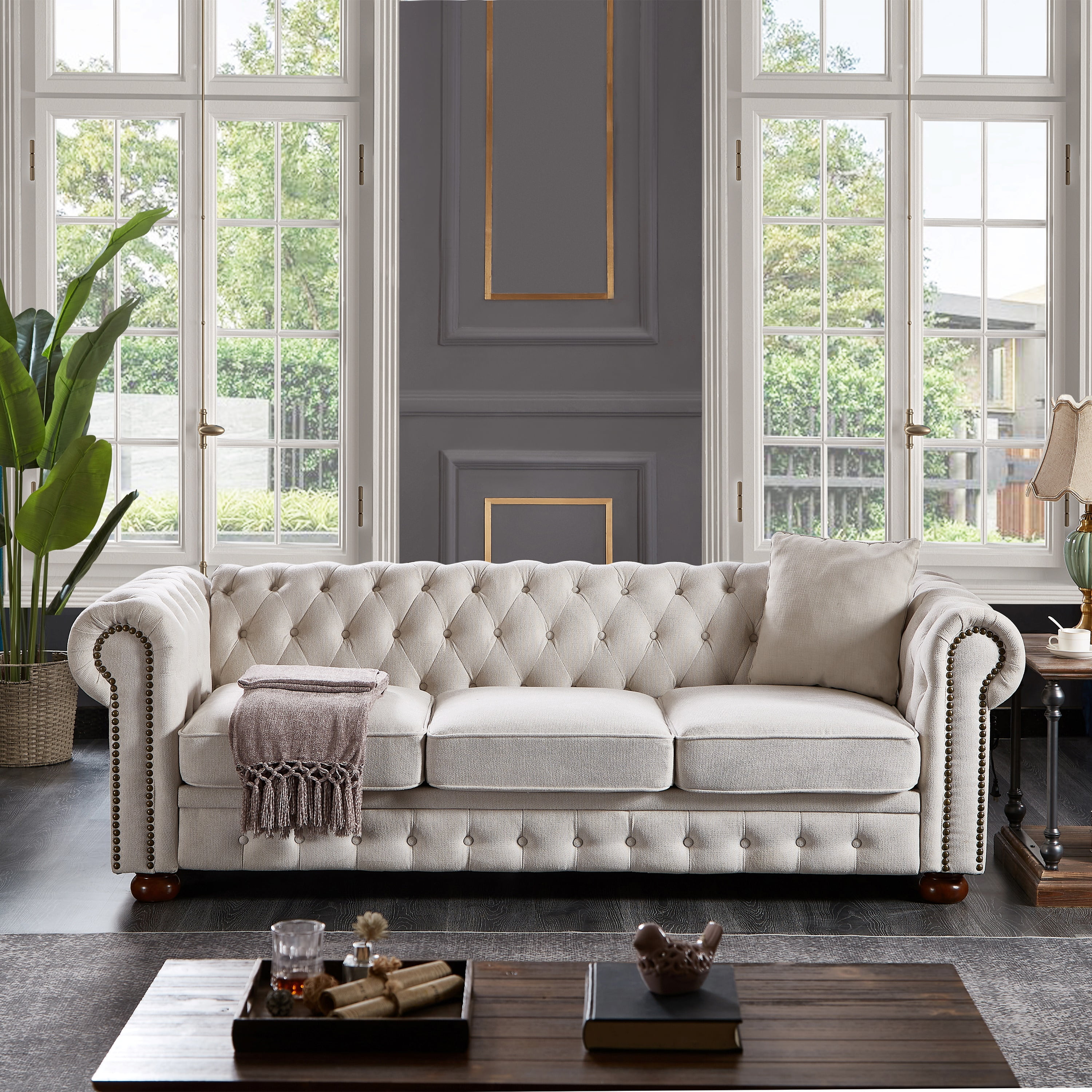 Chesterfield 3 Seater Sofa, Button Tufted, Linen Upholstered