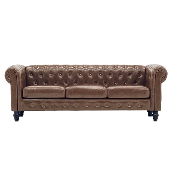 Chesterfield 3-Seater Faux Leather Button Tufted Sofa Couch with Rolled Arms Solid Wood Legs