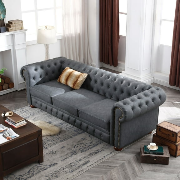 Chesterfield 3 Seater Faux Leather Sofa, Button Tufted Upholstered Couch with Nailhead Arms Removable Cushions Rubber Wood Legs for Living Room Office Apartment
