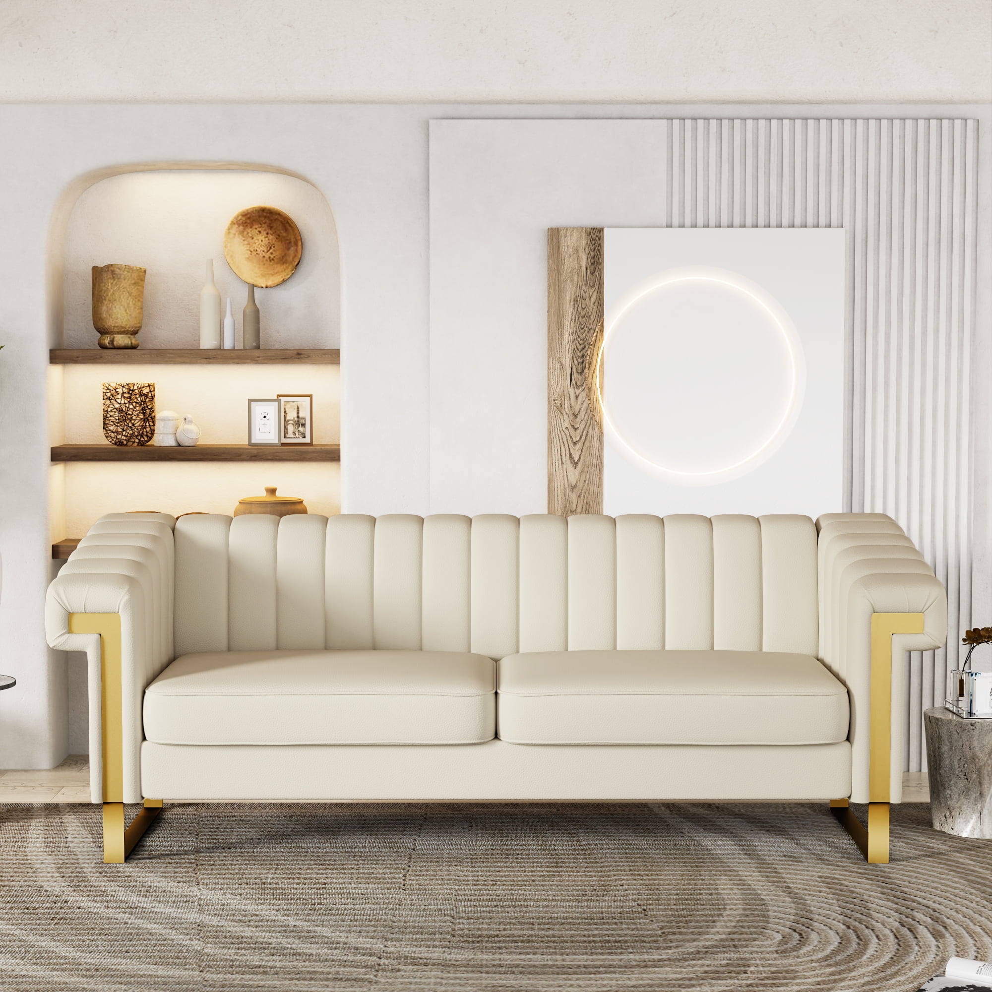 Chesterfield 3 Seater Faux Leather Sofa Upholstered Couch with Removable Cushions and Gold Metal Legs for Living Room Office Apartment