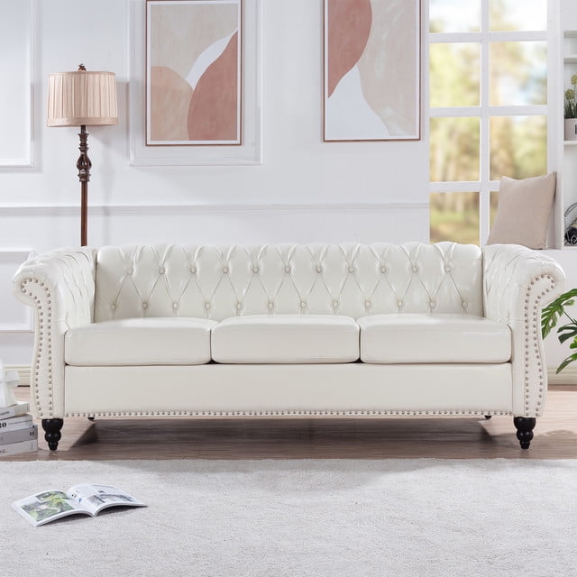 Chesterfield 3 Seater Sofa, 84.65" with Rolled Arms Elegant White PU Finish, Glamorous Tight