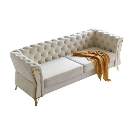 Chesterfield Button Tufted Sofa, Velvet Upholstered Couch with Removable Cushions and Metal Legs for Living Room Office Apartment