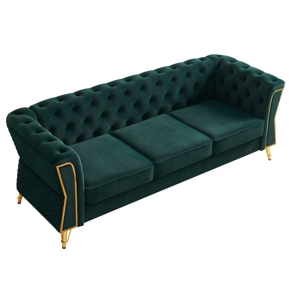 Chesterfield Button Tufted Velvet Sofa, 3 Seats Upholstered Couch With Gold Metal Legs For Living Room Office Apartment