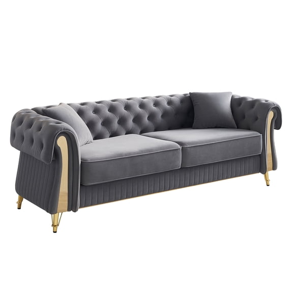Chesterfield Button Tufted Velvet Sofa, Upholstered Couch With Rolled Arms and Gold Metal Legs For Living Room Office Apartment