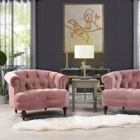 Chesterfield Chair Tufted Upholstered Sofa, Velvet Accent Chair with Wood Leg, Mid Century Modern Sofa Chairs with Nailhead for Bedroom, Living Room