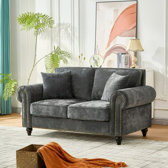 Chesterfield Chenille Loveseat, 63" Upholstered Cloud Couch with Rolled Arms and Nailhead Trim, 2 Seater Deep Seat Sofa for Living Room, Gray