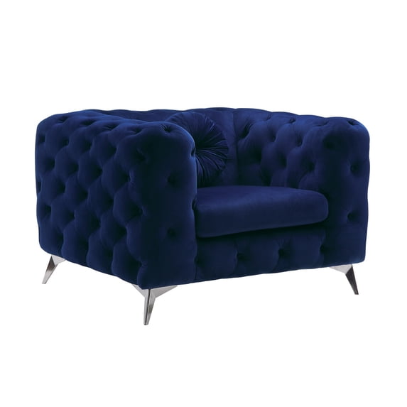 Benjara Chesterfield Design Fabric Chair w/ Track Arms & Angled Metal Legs-Blue