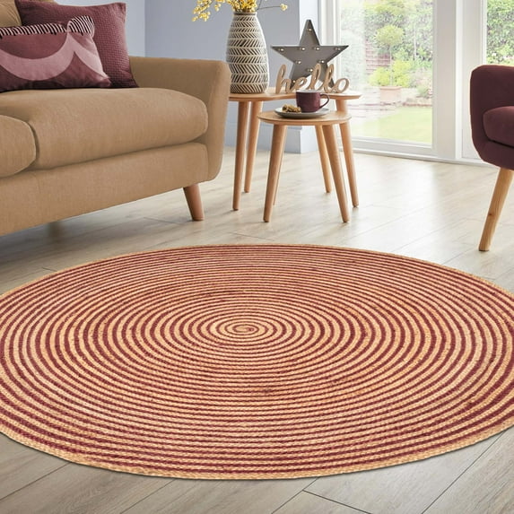 Chesterfield Farmhouse Hand Woven Reversible Braided Jute Area Rug, Natural and Dyed, 4' Round, Burgundy