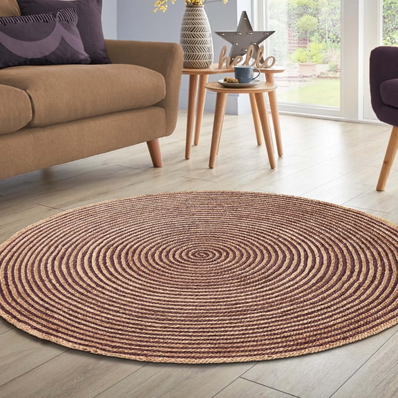 Chesterfield Farmhouse Hand Woven Reversible Braided Jute Area Rug, Natural and Dyed, 6' Round, Purple
