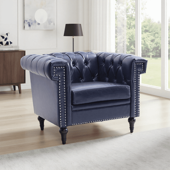 Chesterfield Faux Leather Single Sofa, Upholstered Button Tufted Couch Armchair with Nailhead Trim Square Arms Removable Cushions and Solid Wood Legs, for Living Room Office Apartment