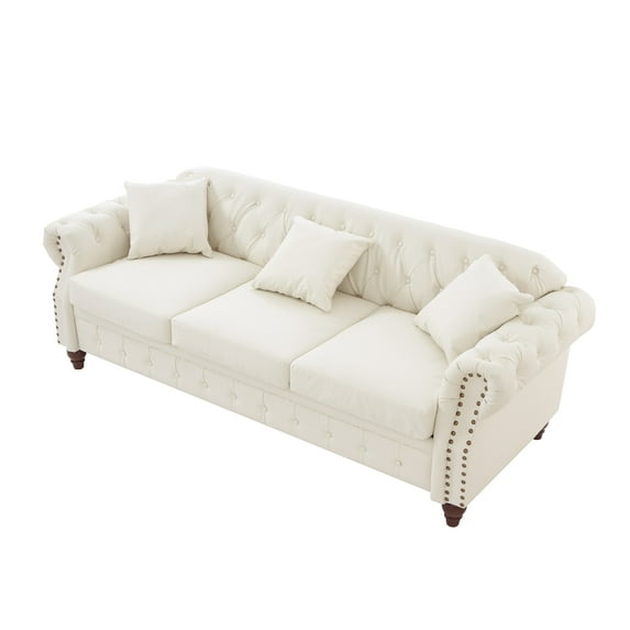 Chesterfield Faux Leather Sofa, 3 Seaters Button Tufted Couch with Storage and Nailhead Trims for Living Room Office