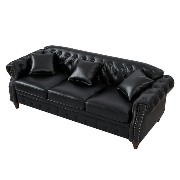 Chesterfield Faux Leather Sofa, 3 Seaters Button Tufted Couch with Storage and Nailhead Trims for Living Room Office