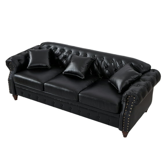 Chesterfield Faux Leather Sofa, 3 Seaters Button Tufted Couch with Storage and Nailhead Trims for Living Room Office